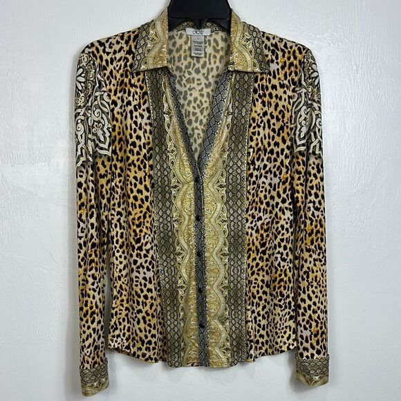 Cache Leopard Print Long Sleeve Collared Button Snap Shirt Size S - Picture 1 of 10